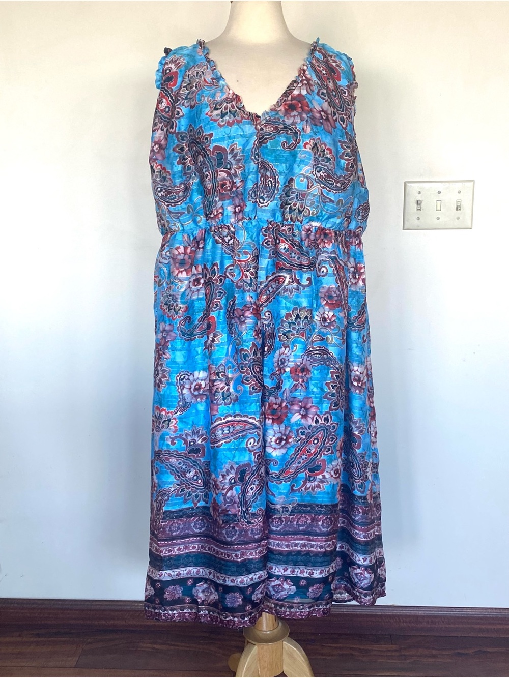 Turquoise Blue Paisley V-Neck Maxi Dress Size 24